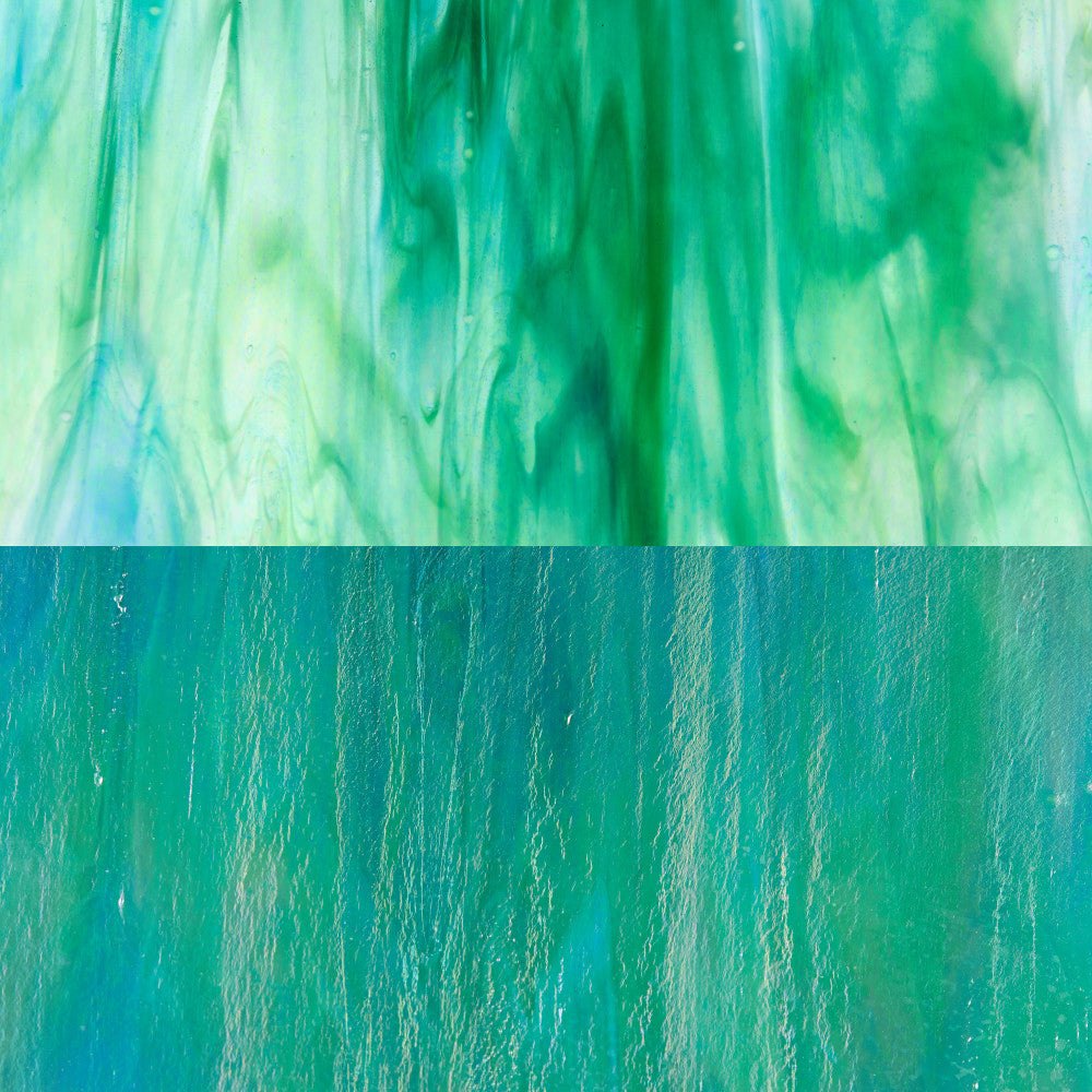 Iridescent Finish Glass Sheet Green and Blue Mixed Colors Streaky w/ Multi Colors