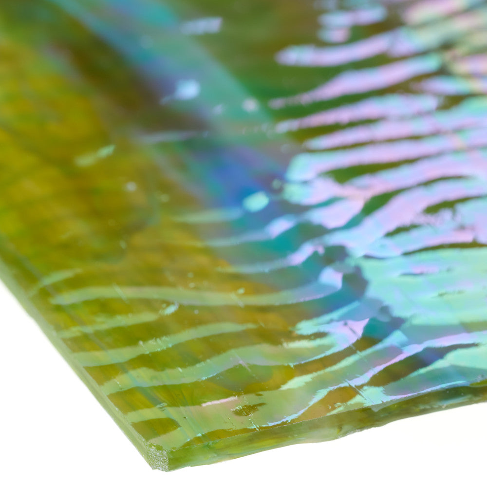 Rippled Glass Sheet Mixed Shades of Green Streaky w/ Multi Colors and Iridescent Finish