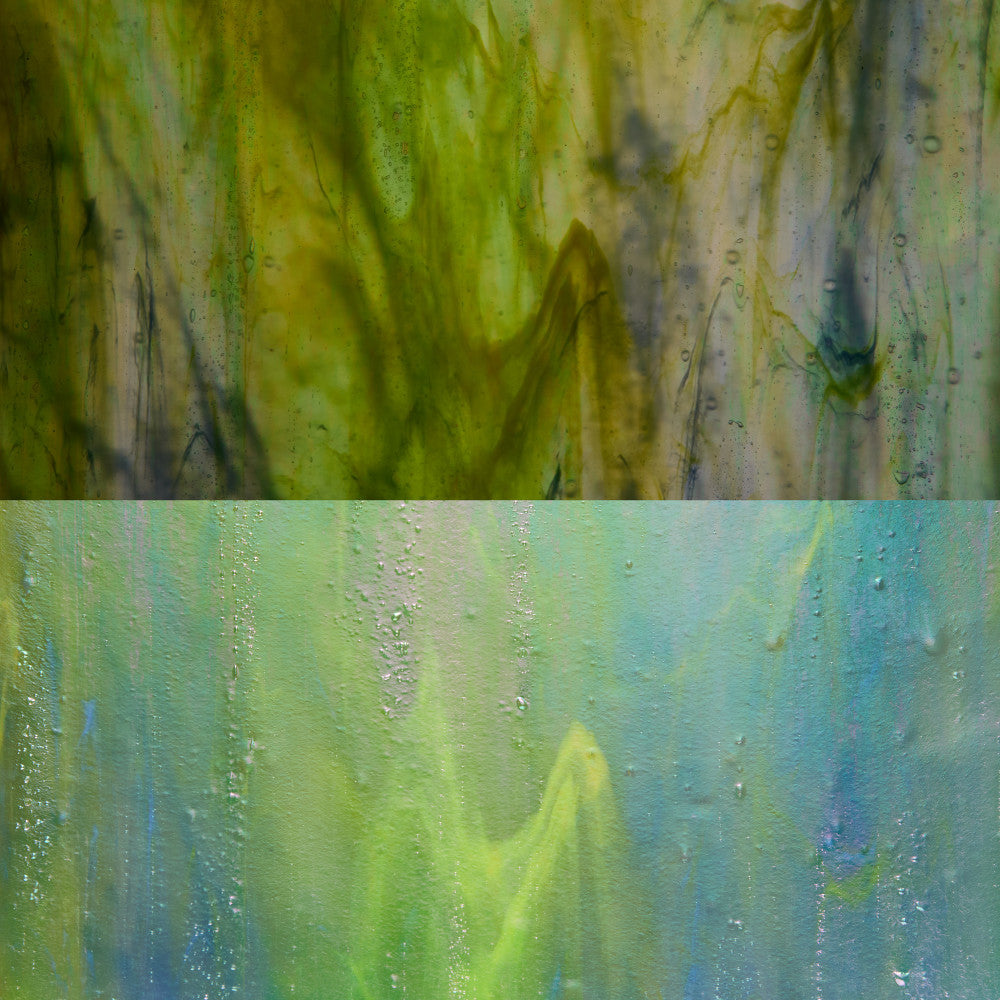 Glass Sheet Green/Blue Streaky w/ Yellow/White and Iridescent Finish