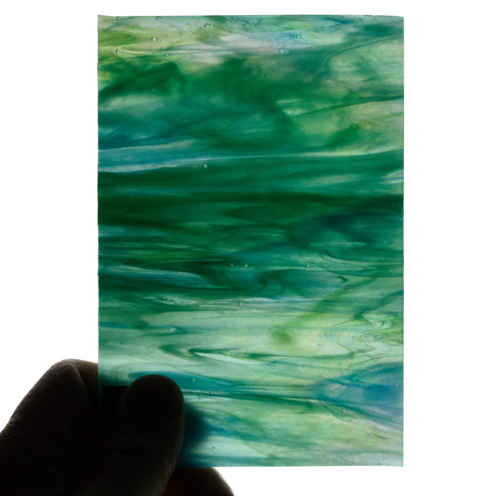 Iridescent Finish Glass Sheet Green and Blue Mixed Colors Streaky w/ Multi Colors